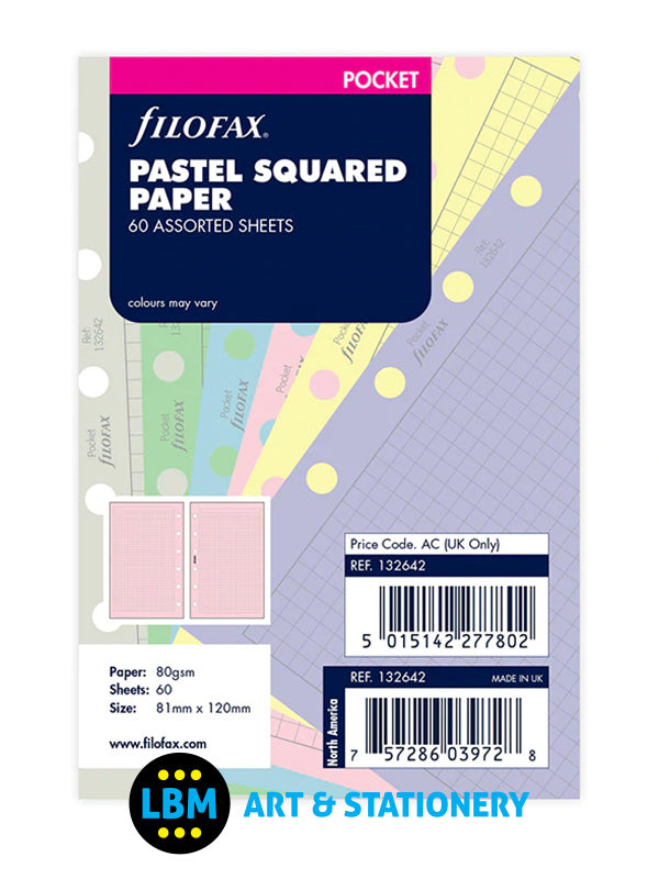 Filofax - Pocket size Pastel Squared Paper Assorted Colours Insert Refill 132642 - LBM Art & Stationery Store