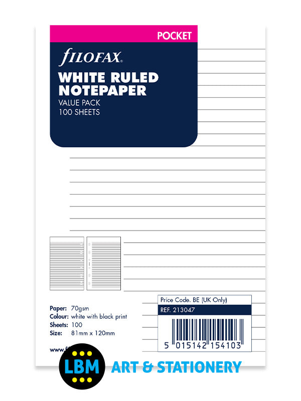 Filofax - Pocket size White Ruled Notepaper Value Pack Organiser Refill 213047 - LBM Art & Stationery Store