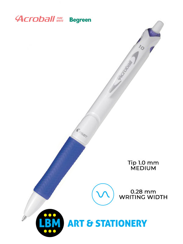 Pilot - Acroball Pure White Begreen Retractable Ballpoint Pen - Choose Colour - BAB-15M-BG - LBM Art & Stationery Store