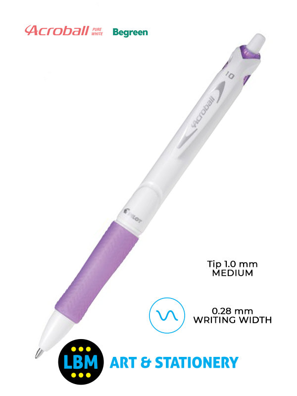 Pilot - Acroball Pure White Begreen Retractable Ballpoint Pen - Choose Colour - BAB-15M-BG - LBM Art & Stationery Store