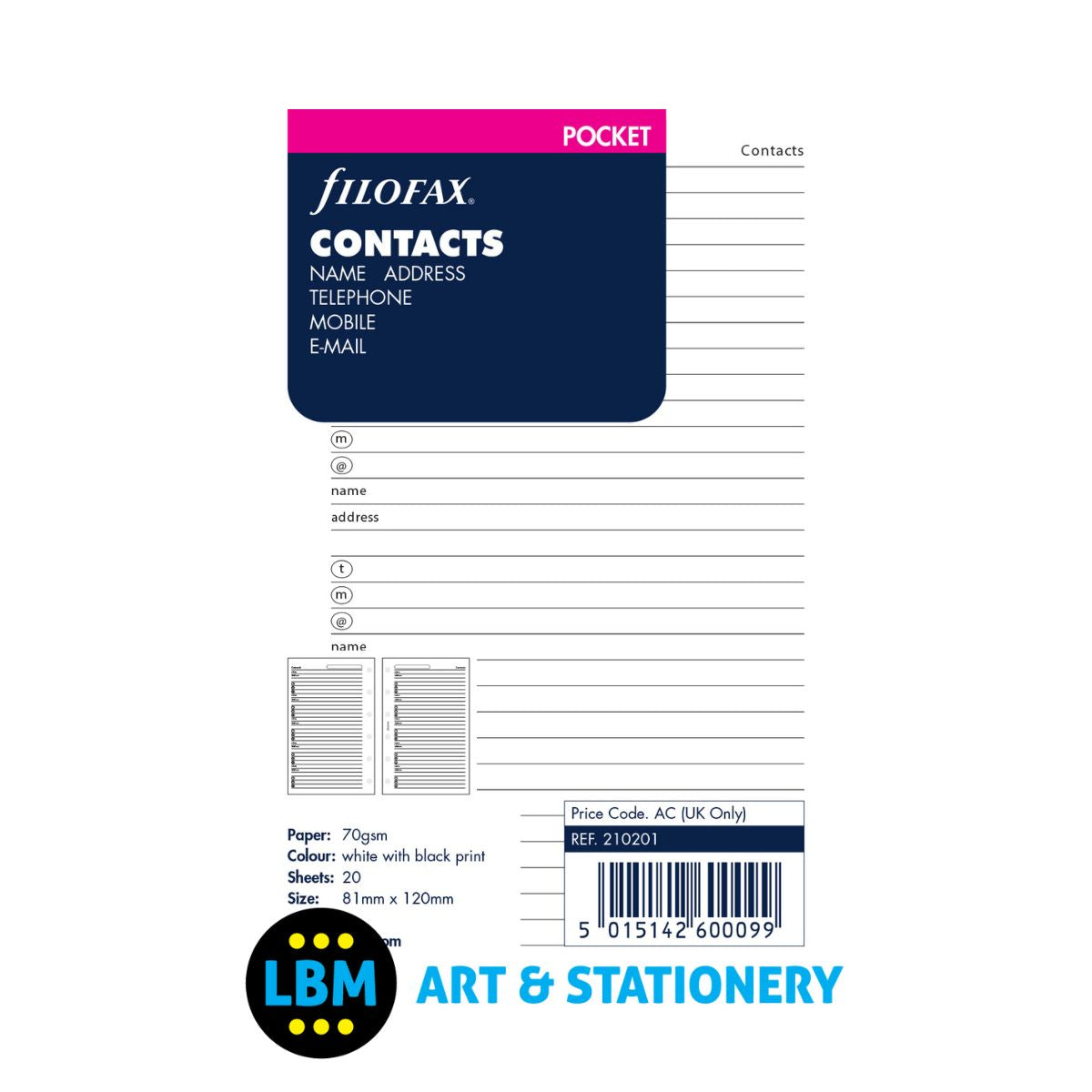 Filofax - Contacts Name Address Telephone Organiser Refill - Pocket Organiser - 210201