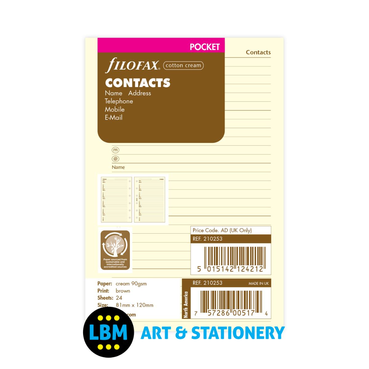 Filofax - Cotton Cream Contacts Name Address Telephone Refill - Pocket Organiser - 210253