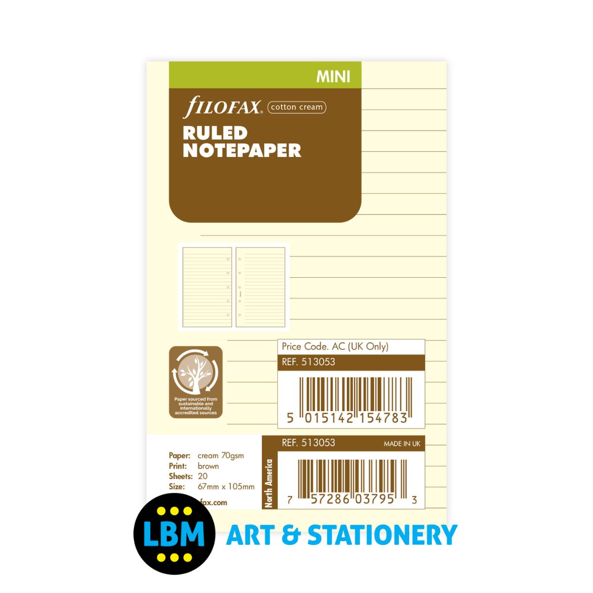 Filofax - Cotton Cream Ruled Lined Notepaper Refill - Mini Organiser - 513053