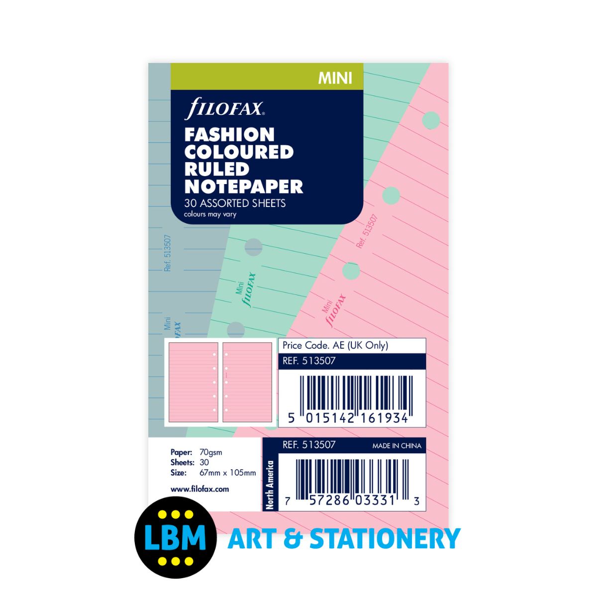 Filofax - Fashion Coloured Ruled Lined Notepaper Refill - Mini Organiser - 513507