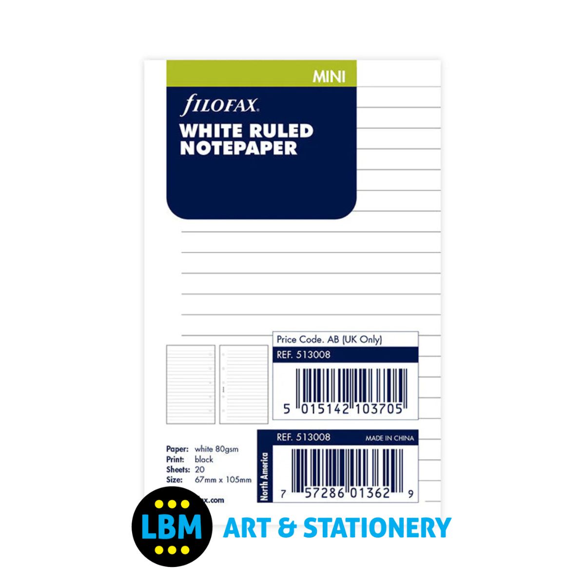 Filofax - White Ruled Lined Notepaper Refill - Mini Organiser - 513008
