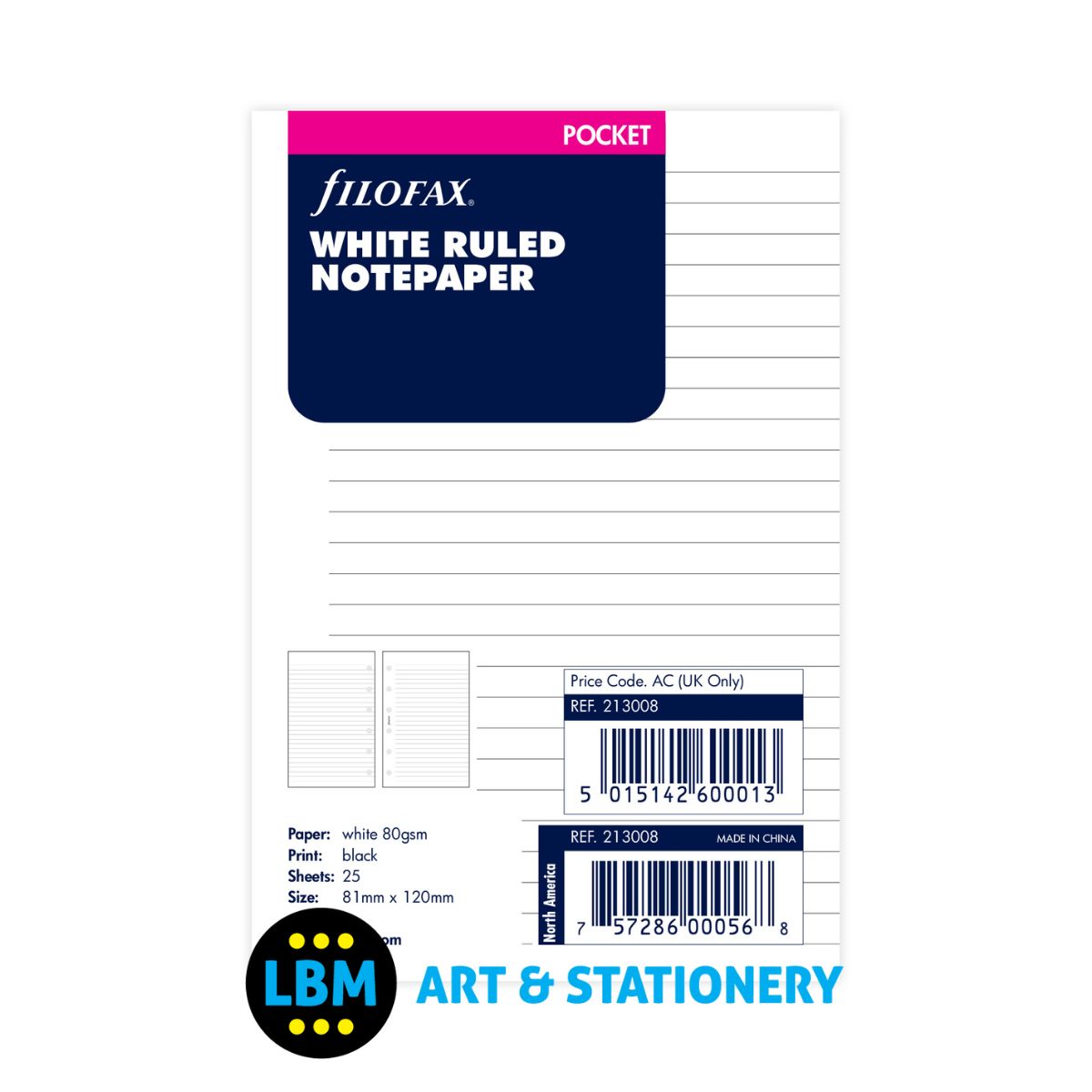 Filofax - White Ruled Notepaper Refill - Pocket Organiser - 213008