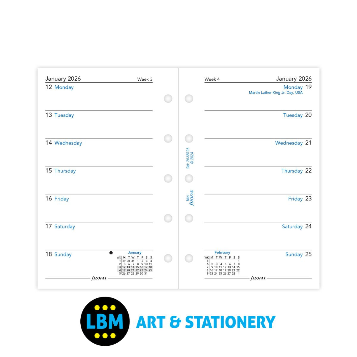 Filofax - 2026 Week On One Page Mini Diary Refill - Mini Organiser - 26-68126