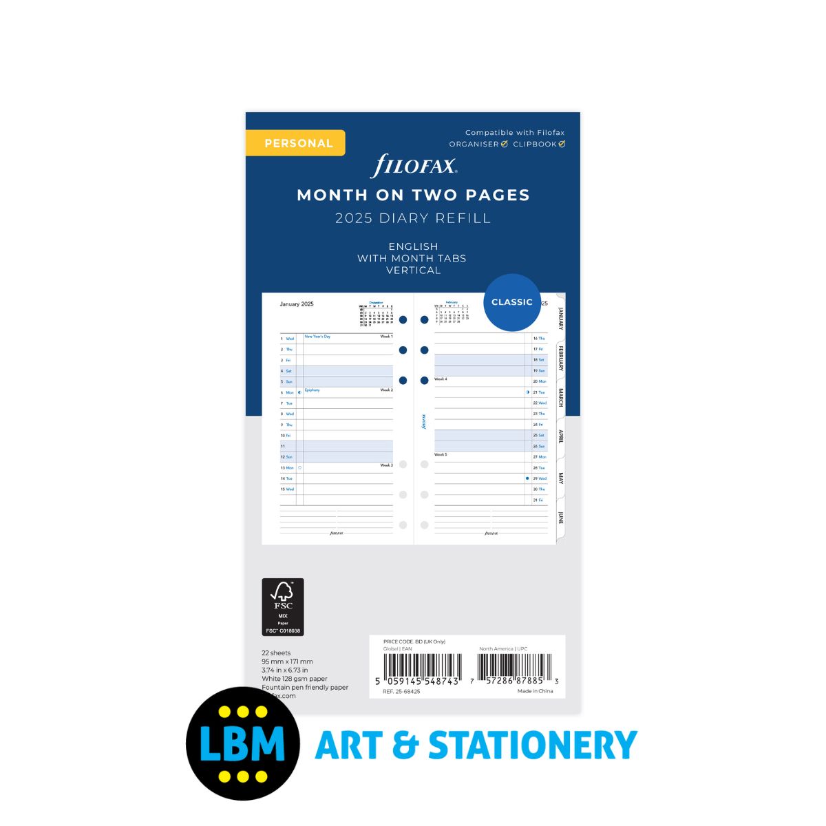 2025 Personal Diary Refill Month On Two Pages with Month Tabs 25-68425