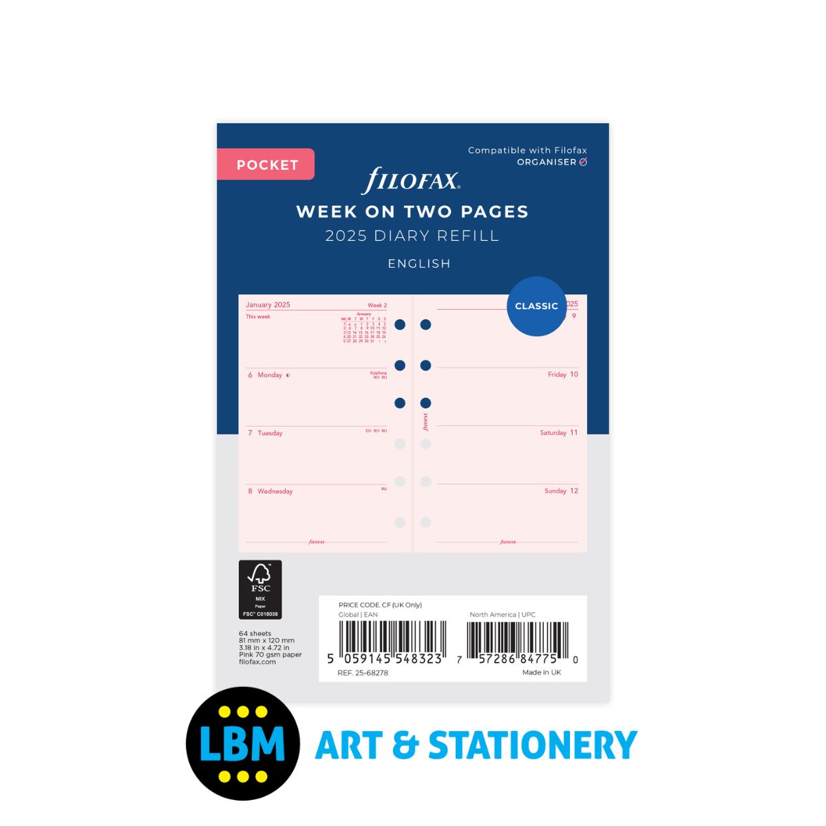 2025 Pocket Diary Refill Week On Two Pages Pink Organiser 25-68278