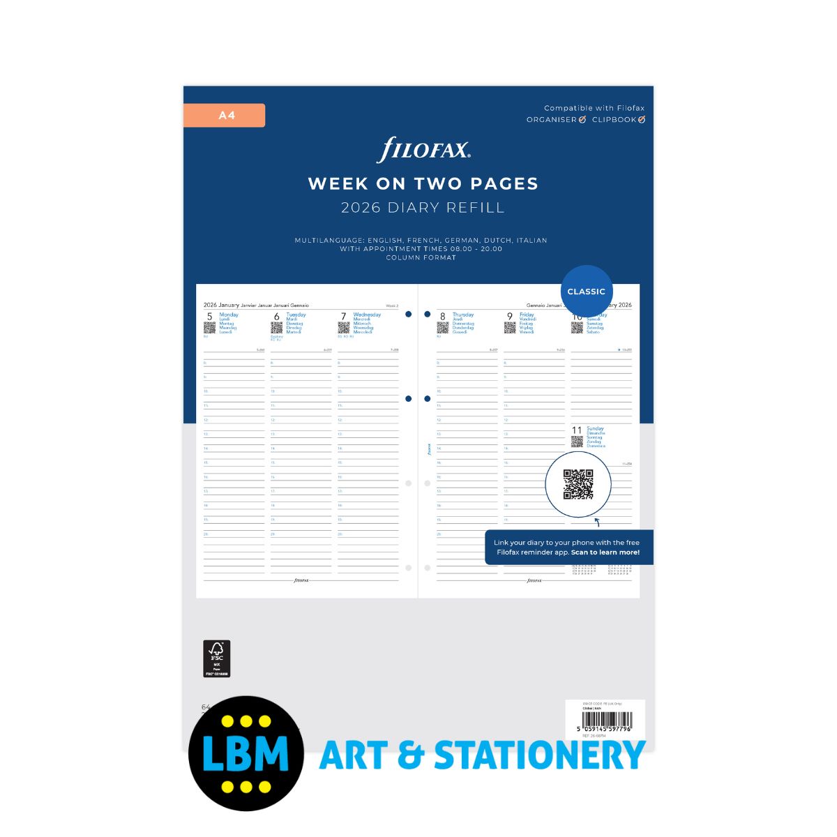 Filofax - 2026 Week On Two Pages Appointments Diary Refill - A4 Organiser - 26-68714