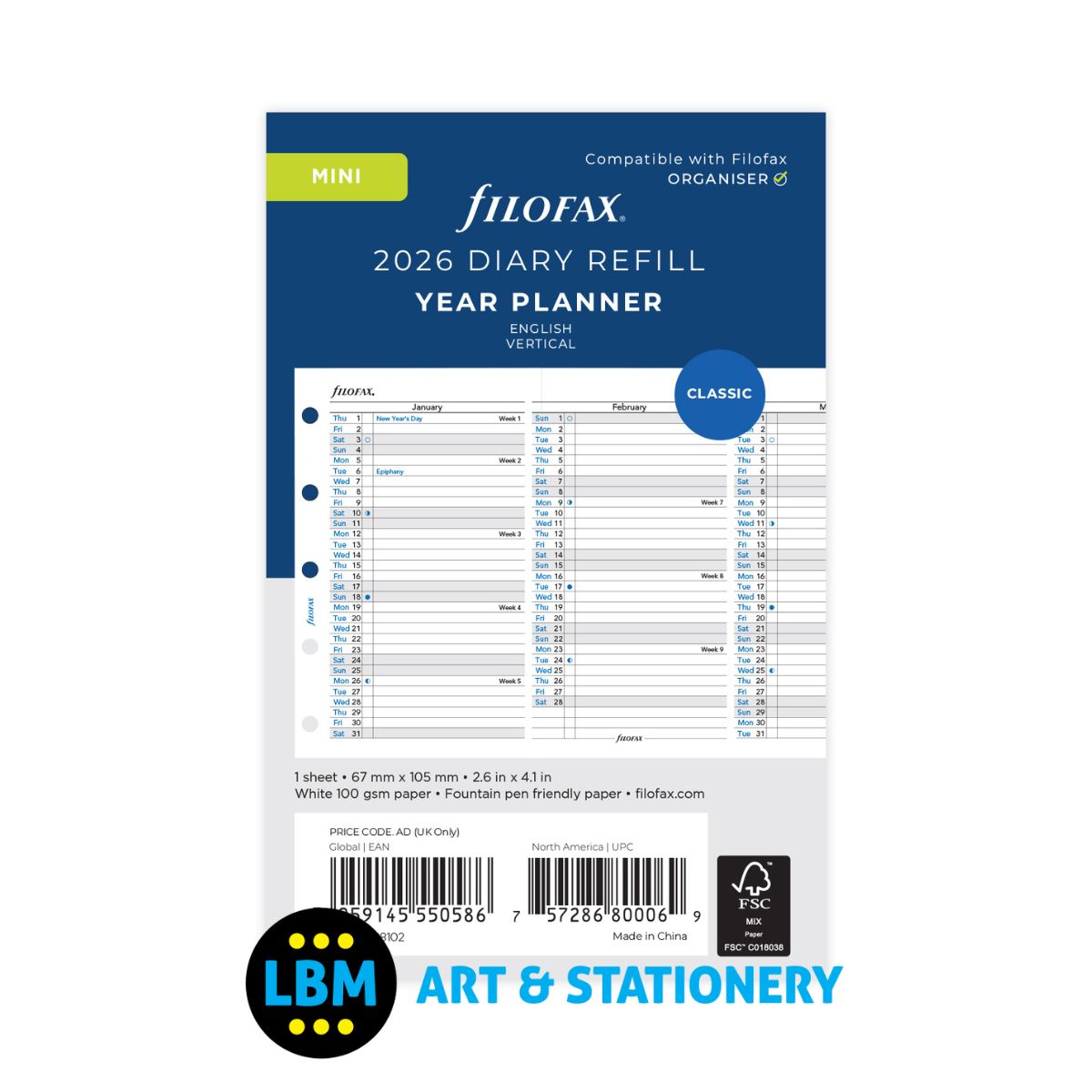 Filofax - 2026 Year Planner Vertical layout Diary Refill - Mini Organiser - 26-68102