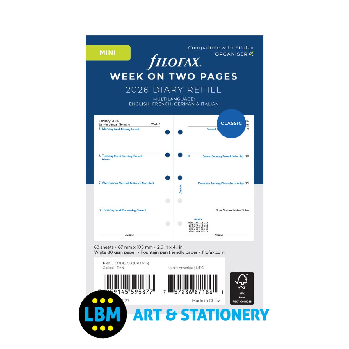 Filofax - 2026 Week On Two Pages Multi-Language Diary Refill - Mini - 26-68127