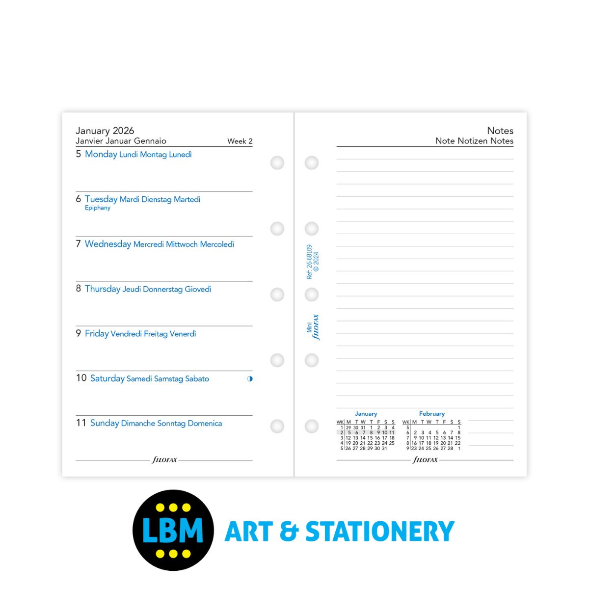 Filofax - 2026  Week Per Page Diary with Notes Refill - Mini Organiser - 26-68109