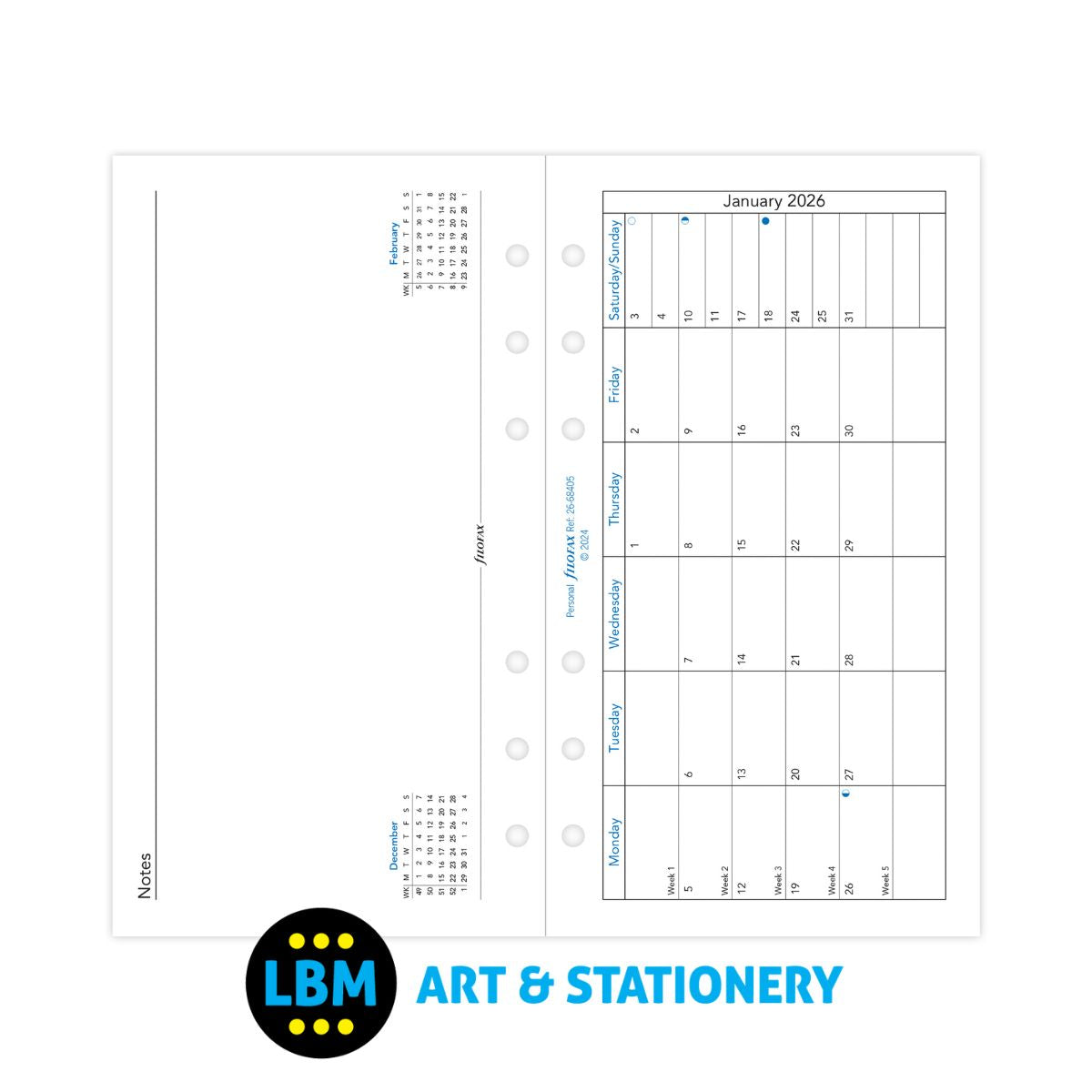 Filofax - 2026 Month On One Page with Facing Notes Diary Refill - Personal - 26-68405