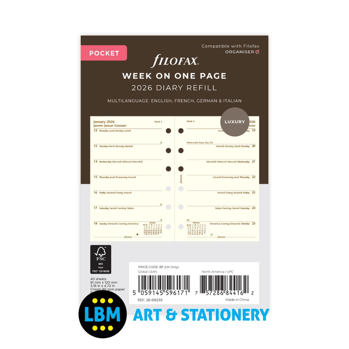 Filofax - 2026 Week On One Page Cotton Cream Diary Refill - Pocket Organiser - 26-68239