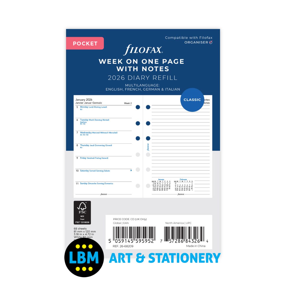 Filofax - 2026 Week On One Page with Notes Diary Refill - Pocket Organiser - 26-68209