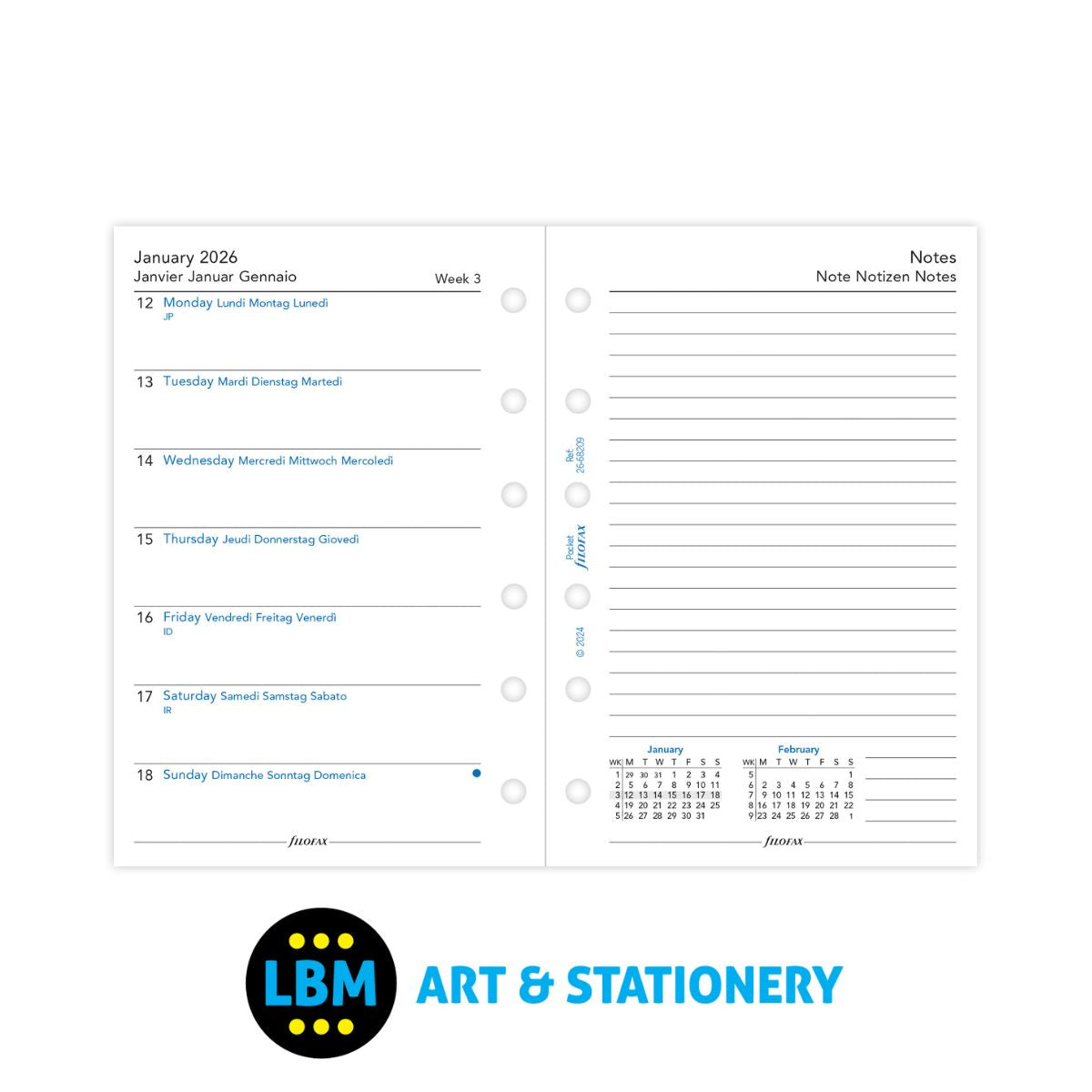 Filofax - 2026 Week On One Page with Notes Diary Refill - Pocket Organiser - 26-68209