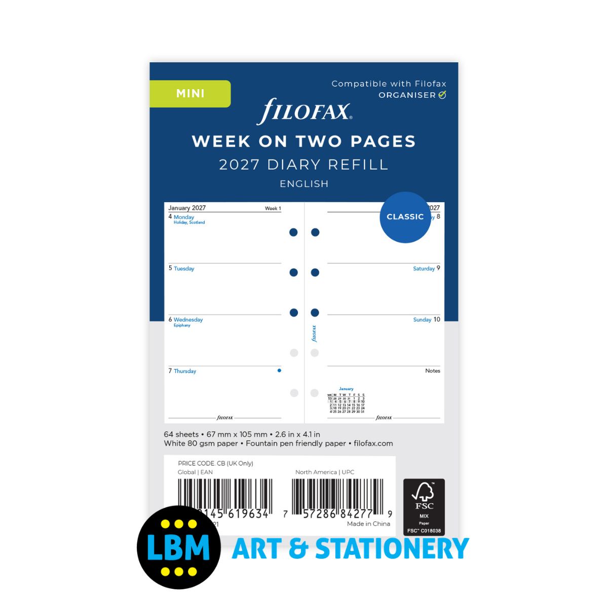 Filofax - 2027 Week On Two Pages Diary Refill - Mini Organiser - 27-68121