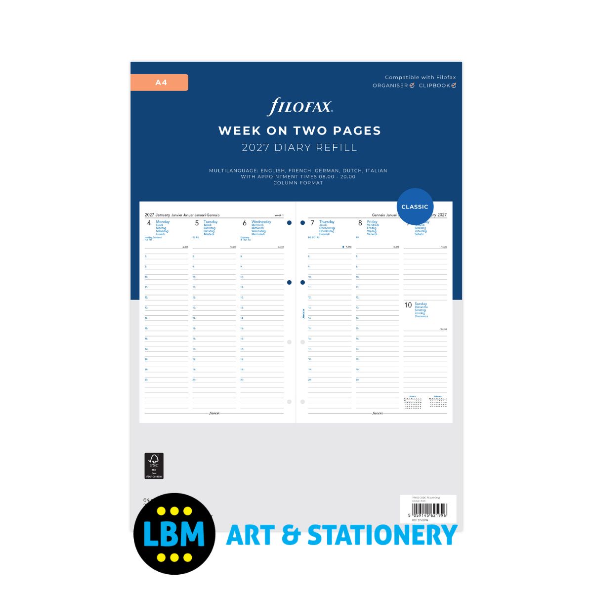 Filofax - 2027 Week On Two Pages Appointments Diary Refill - A4 Organiser - 27-68714