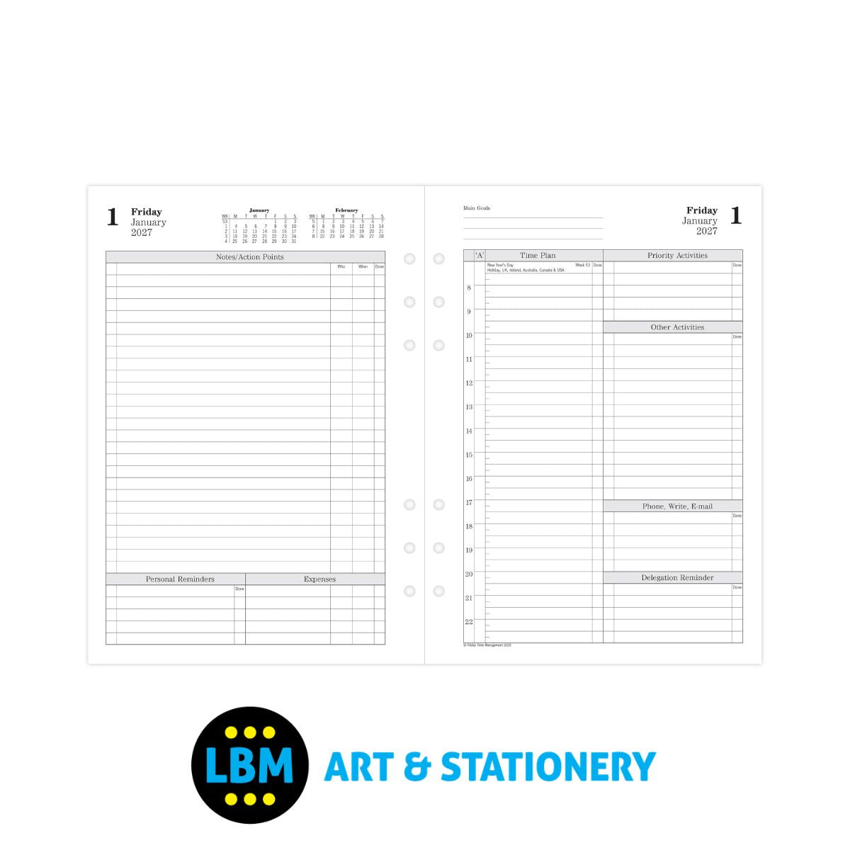 Filofax - 2027 Time Management One Day On Two Pages Diary English - A5 Organiser - 27-TM7031