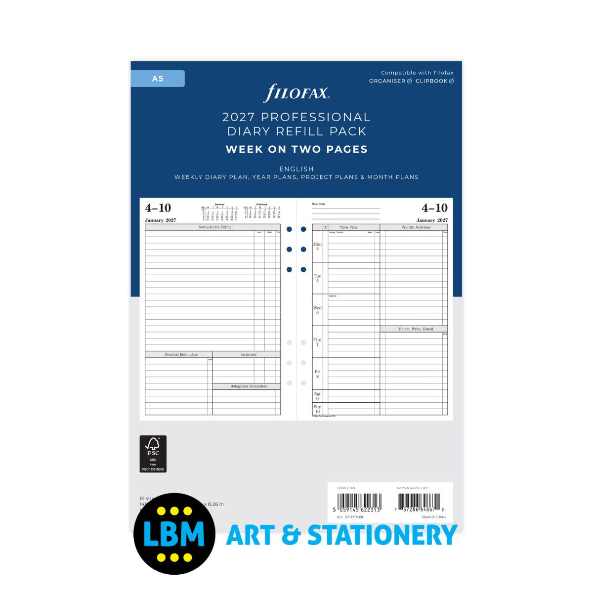 Filofax - 2027 Time Management Week To View Diary English - A5 Organiser - 27-TM7051
