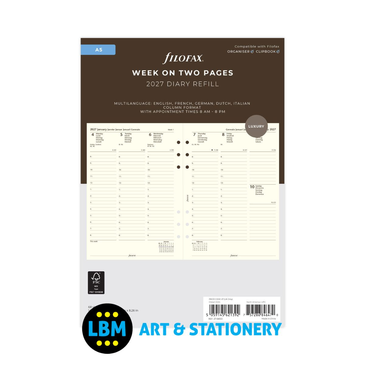  - Filofax - 2027 Week On Two Pages Cotton Cream Diary Refill  - A5 Organiser - 27-68513 - LBM Art & Stationery Store