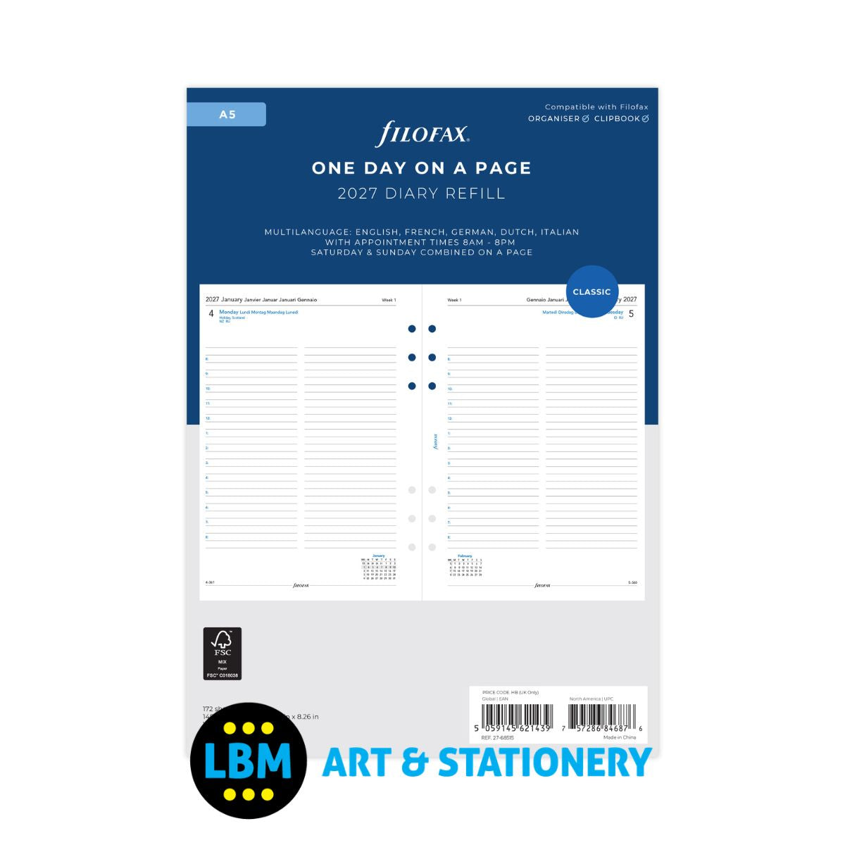  - Filofax - 2027 One Day On A Page Appointments Diary Refill - A5 Organiser - 27-68515 - LBM Art & Stationery Store