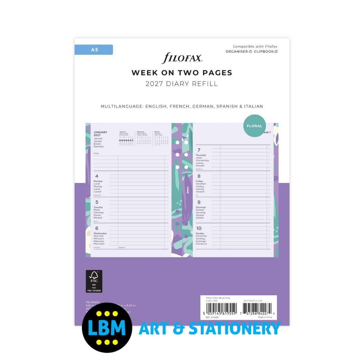 Filofax - 2027 Week On Two Pages Illustrated Floral Diary Refill - A5 Organiser - 27-6351