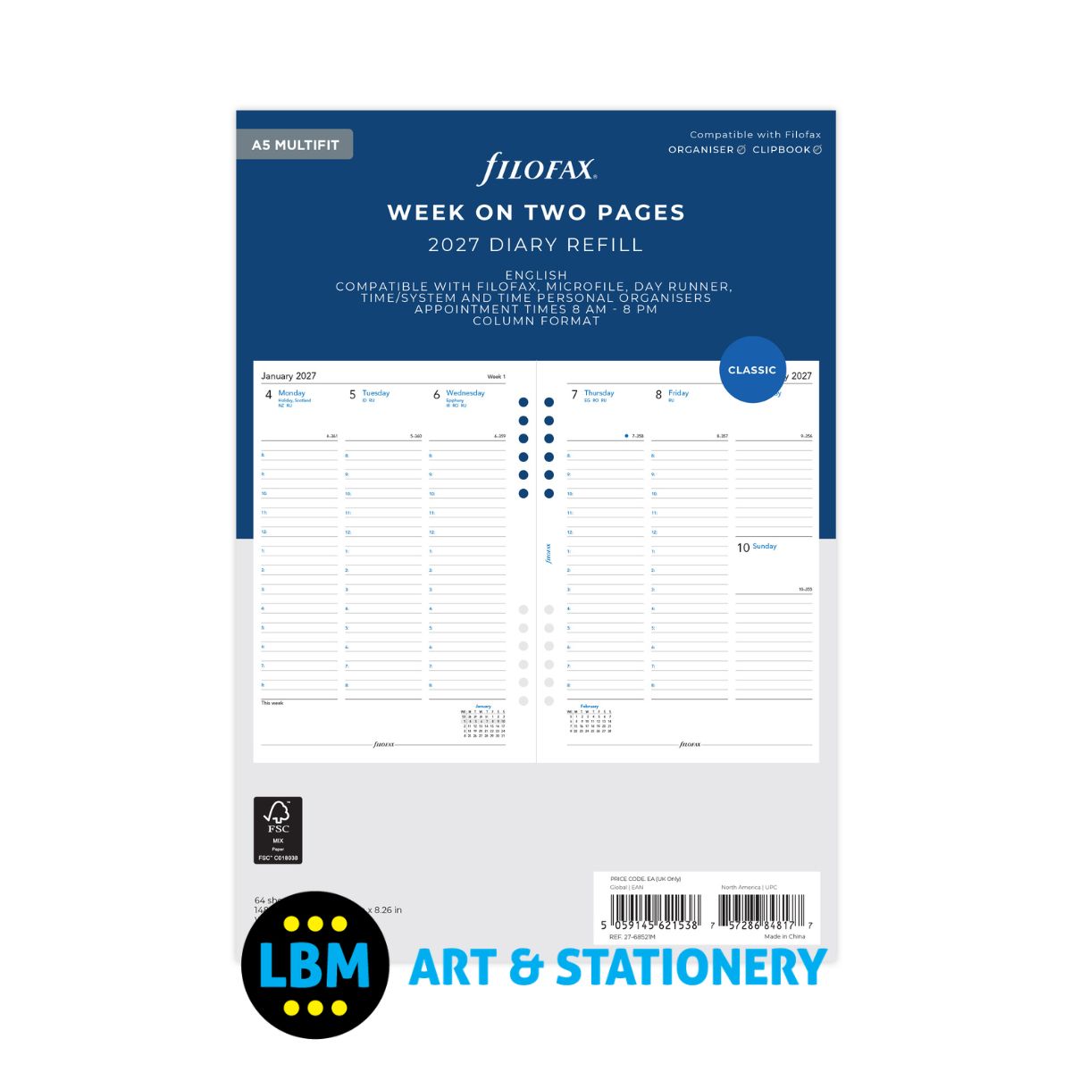  - Filofax - 2027 Week On Two Pages Appointment Diary - A5 Multi-Fit - 27-68521M - LBM Art & Stationery Store