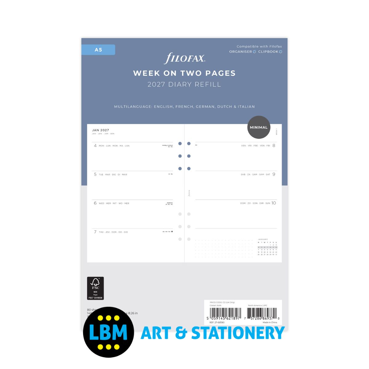  - Filofax - 2027 Week On Two Pages Diary Refill - A5 Organiser - 27-68590 - LBM Art & Stationery Store