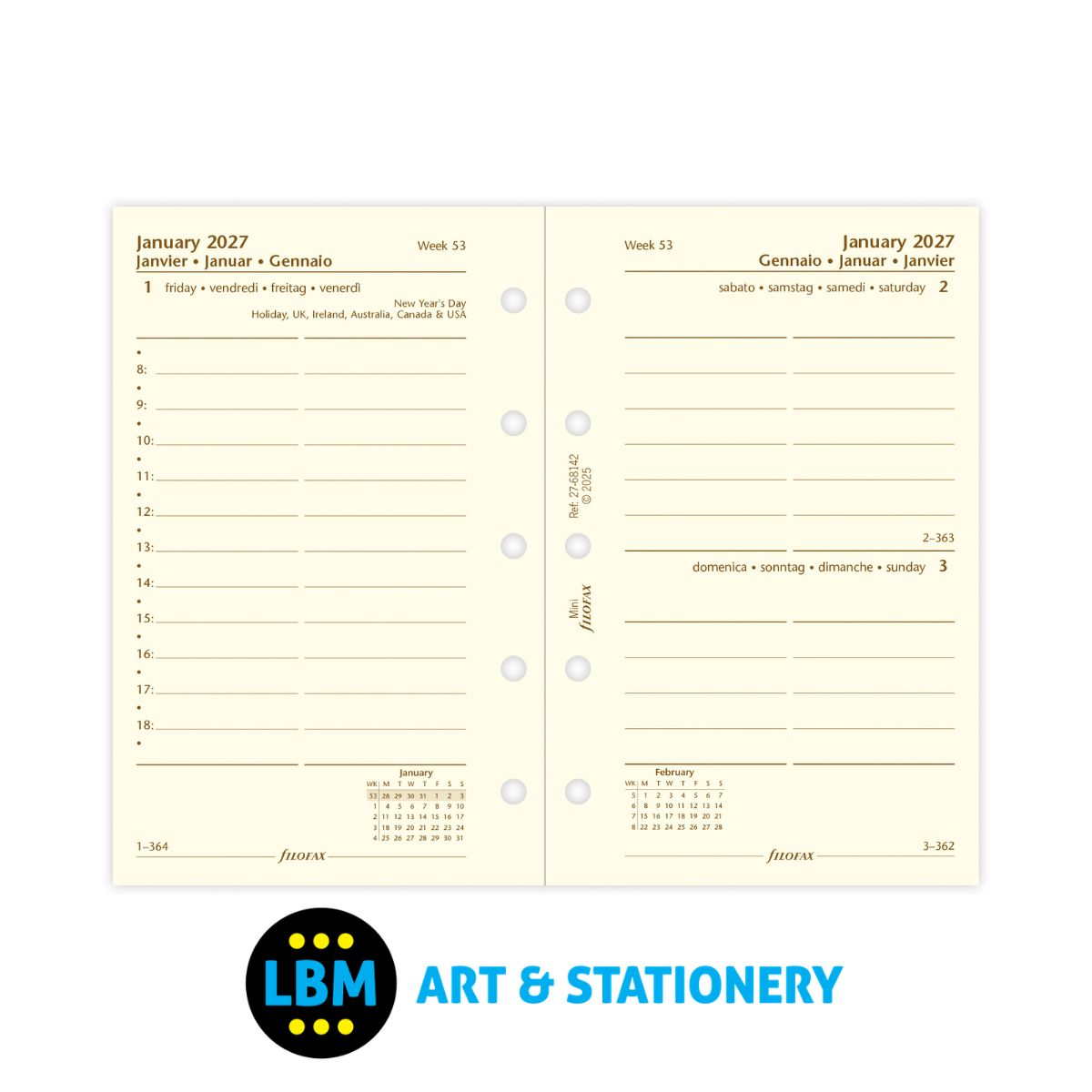 Filofax - 2027 One Day On A Page Cotton Cream Diary Refill - Mini Organiser - 27-68142