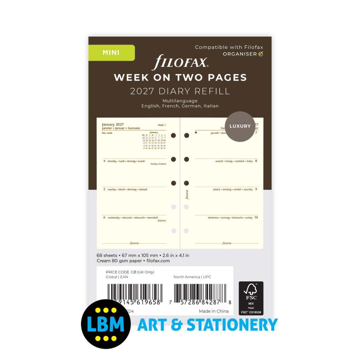 Filofax - 2027 Week On Two Pages Cotton Cream Diary Refill - Mini Organiser - 27-68124