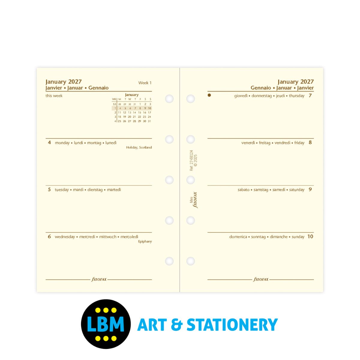 Filofax - 2027 Week On Two Pages Cotton Cream Diary Refill - Mini Organiser - 27-68124