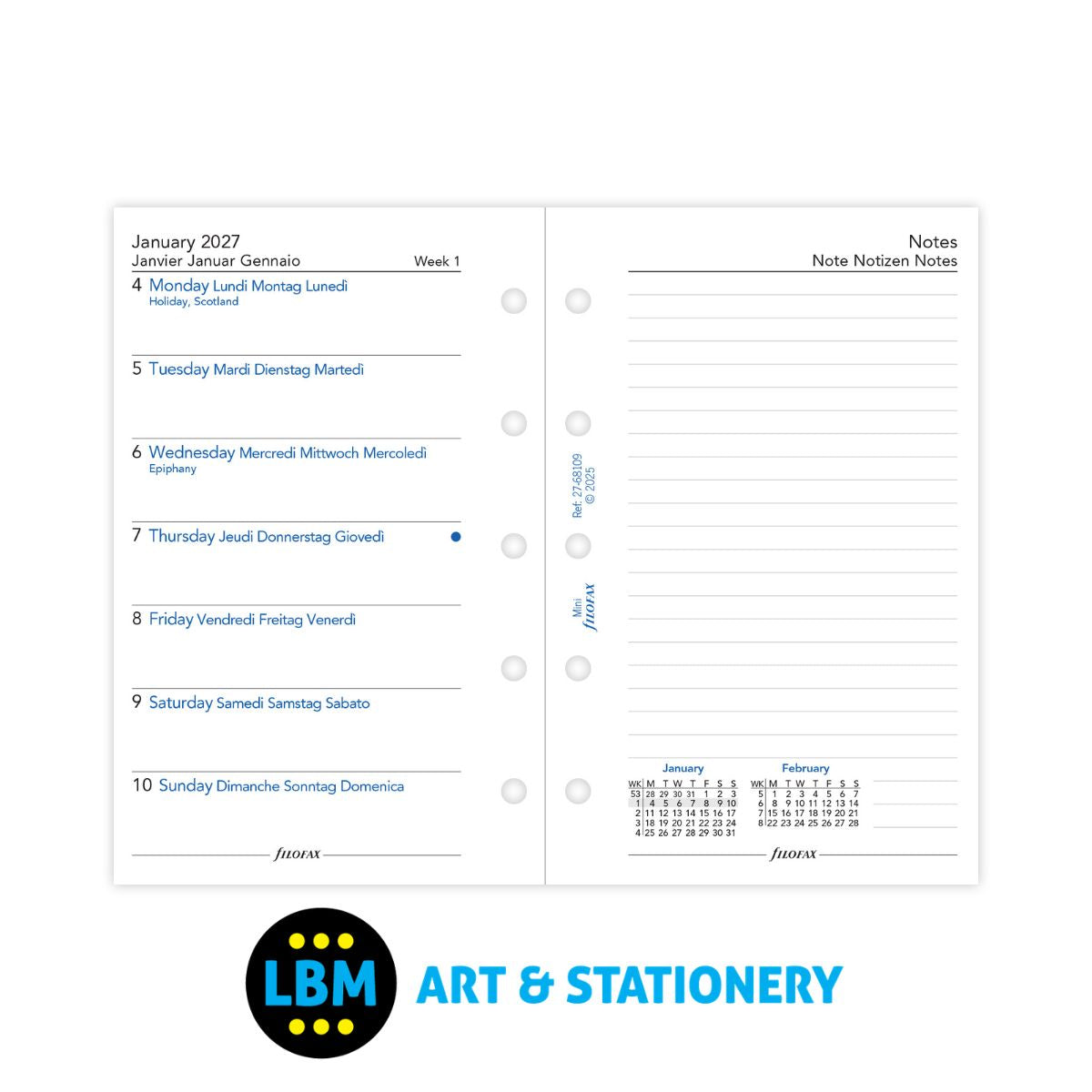 Filofax - 2027  Week Per Page Diary with Notes Refill - Mini Organiser - 27-68109