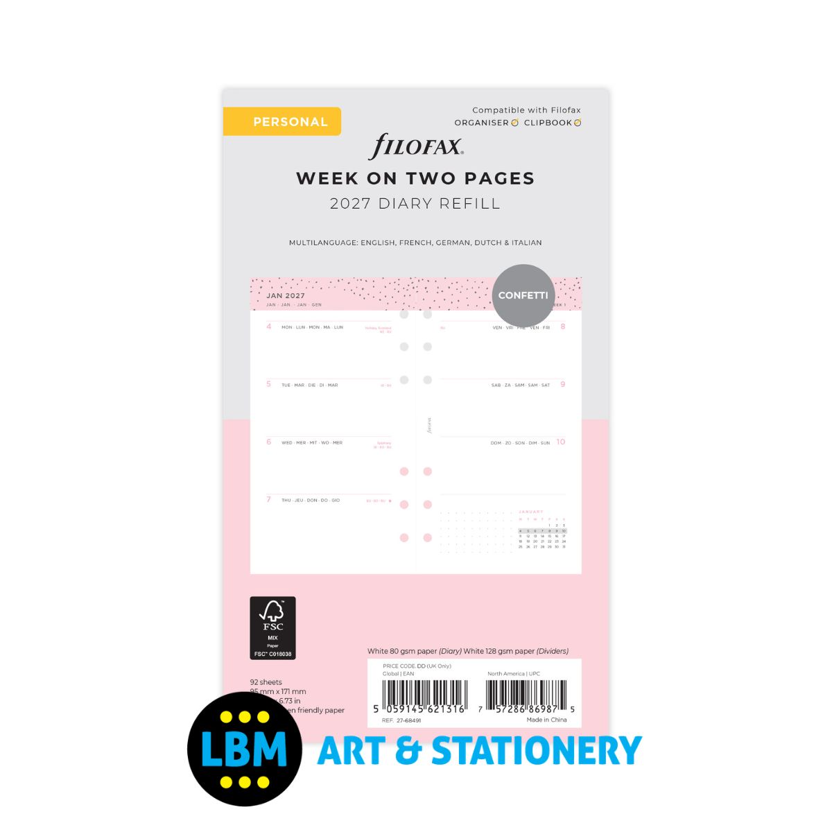Filofax - 2027 Week On Two Pages Confetti Design Diary Refill - Personal Organiser - 27-68491