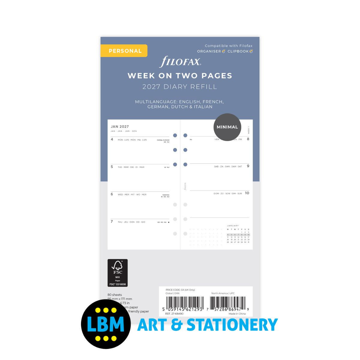 Filofax - 2027 Week On Two Pages Minimal Design Diary Refill - Personal Organiser - 27-68490