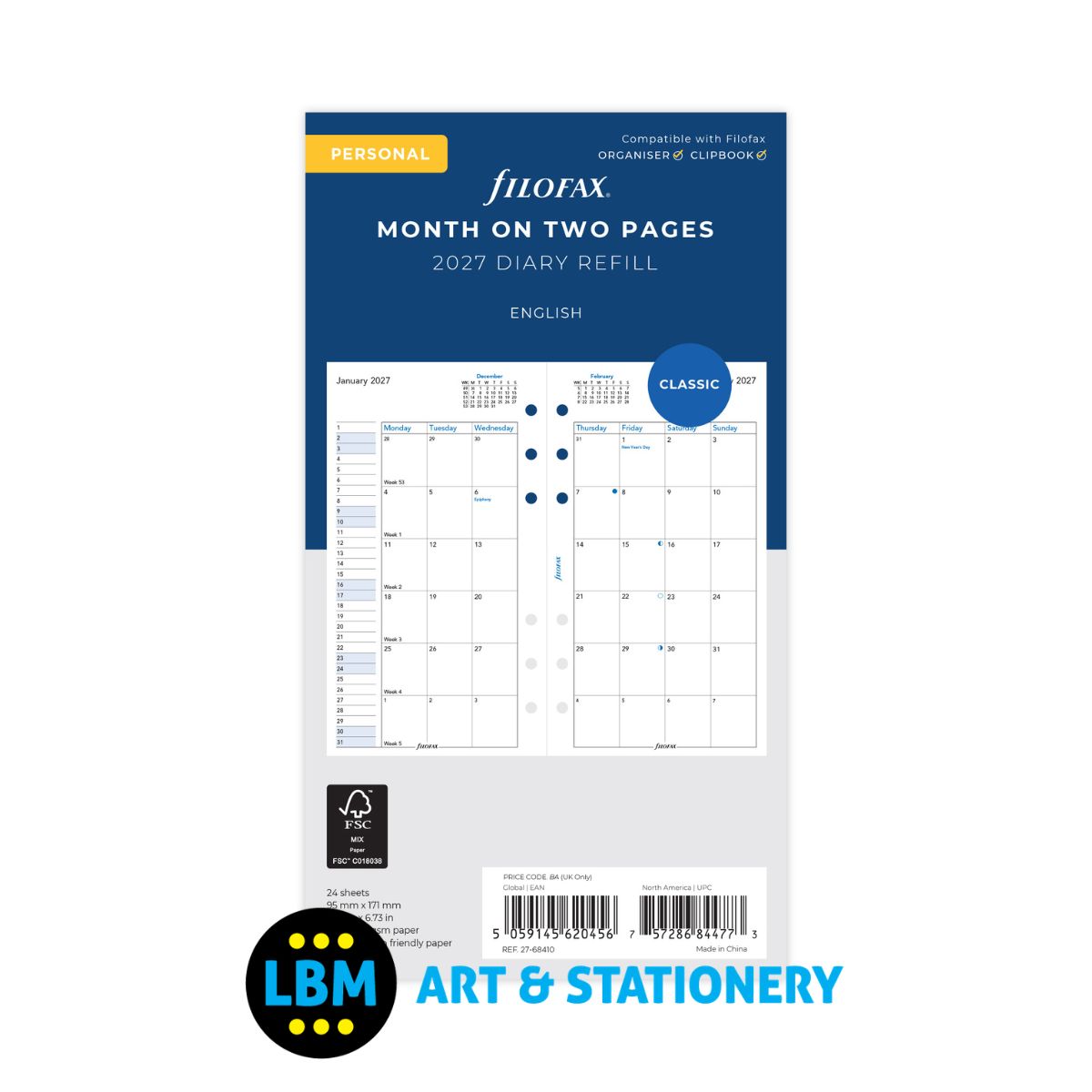 Filofax - 2027 Month On Two Pages Diary Refill - Personal - 27-68410