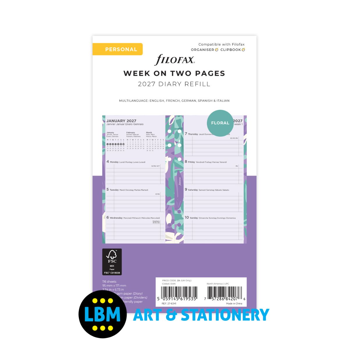 Filofax - 2027 Week On Two Pages Illustrated Floral Pack Diary Refill - Personal - 27-6341