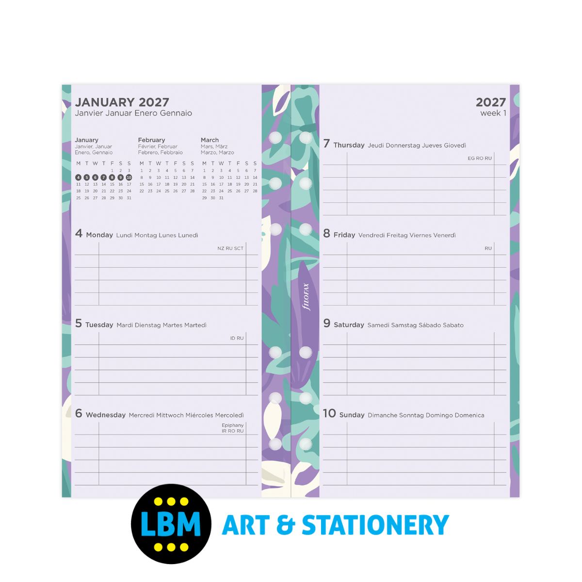 Filofax - 2027 Week On Two Pages Illustrated Floral Pack Diary Refill - Personal - 27-6341