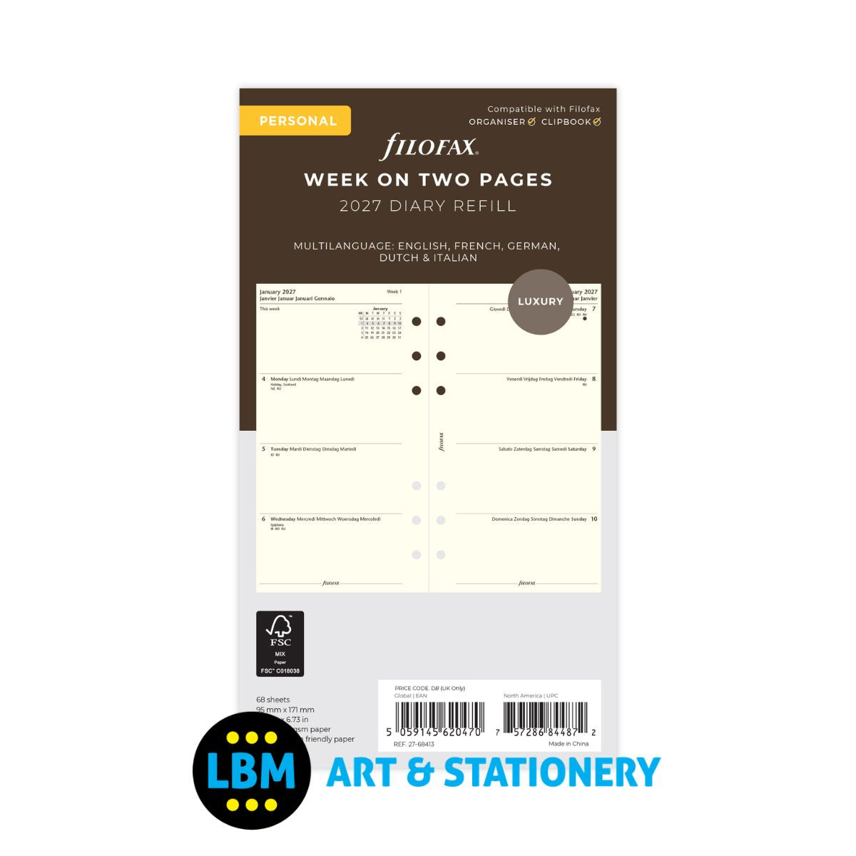 Filofax - 2027 Week On Two Pages Cotton Cream Multi Language Diary Refill - Personal Organiser - 27-68413