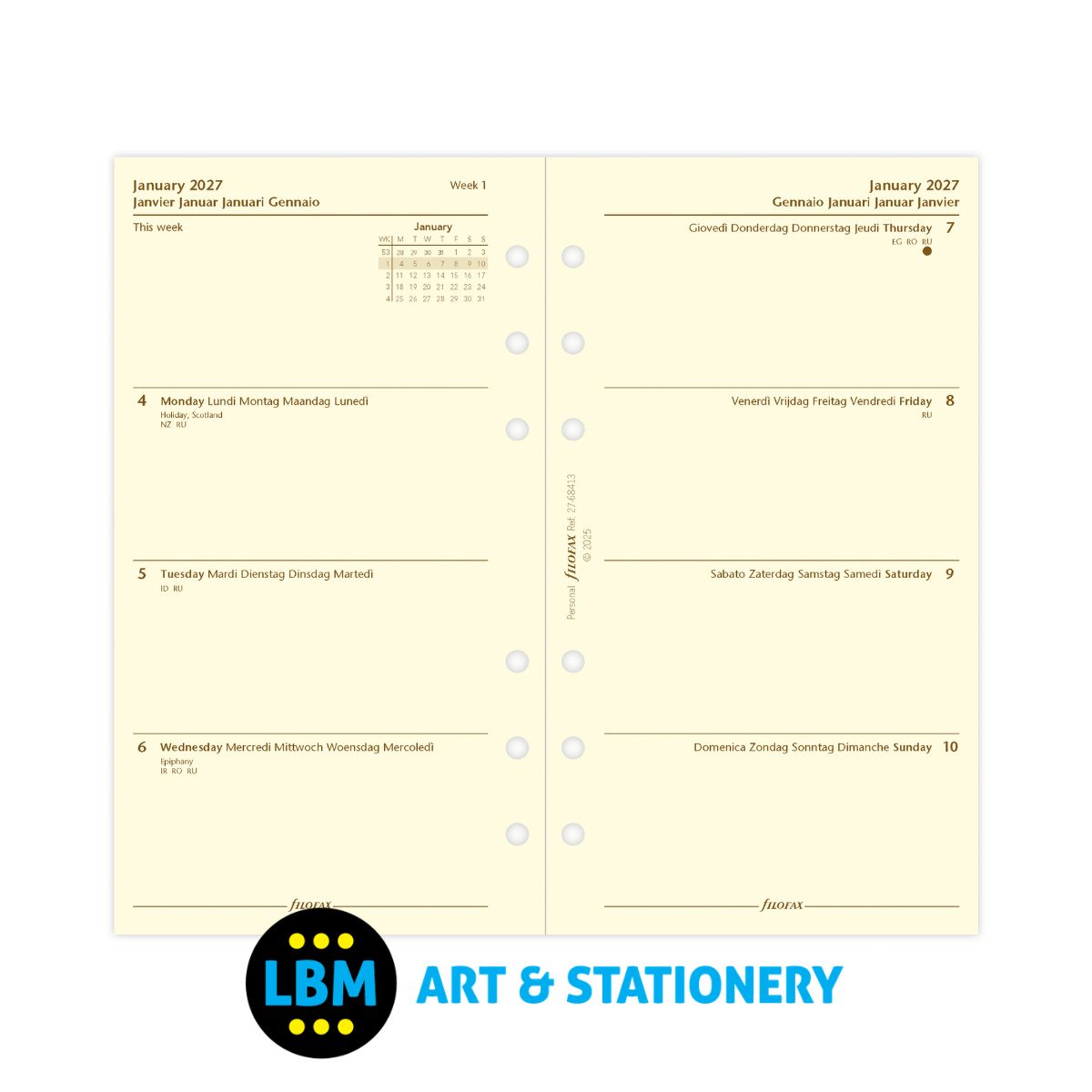 Filofax - 2027 Week On Two Pages Cotton Cream Multi Language Diary Refill - Personal Organiser - 27-68413