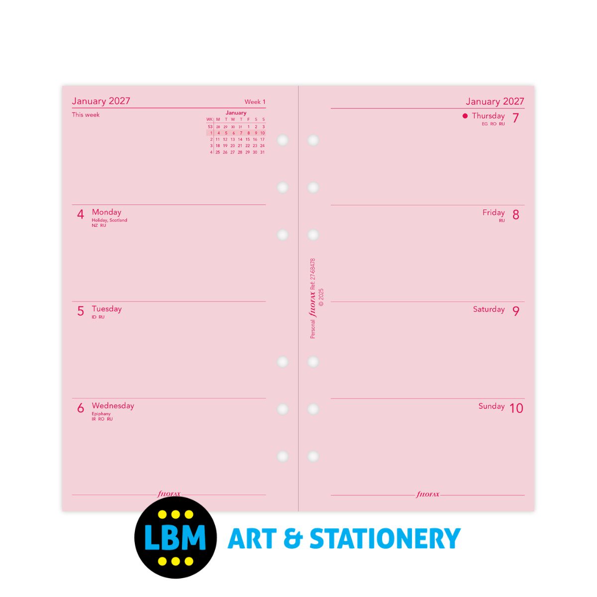 Filofax - 2027 Week On Two Pages Pink Diary Refill - Personal Organiser - 27-68478