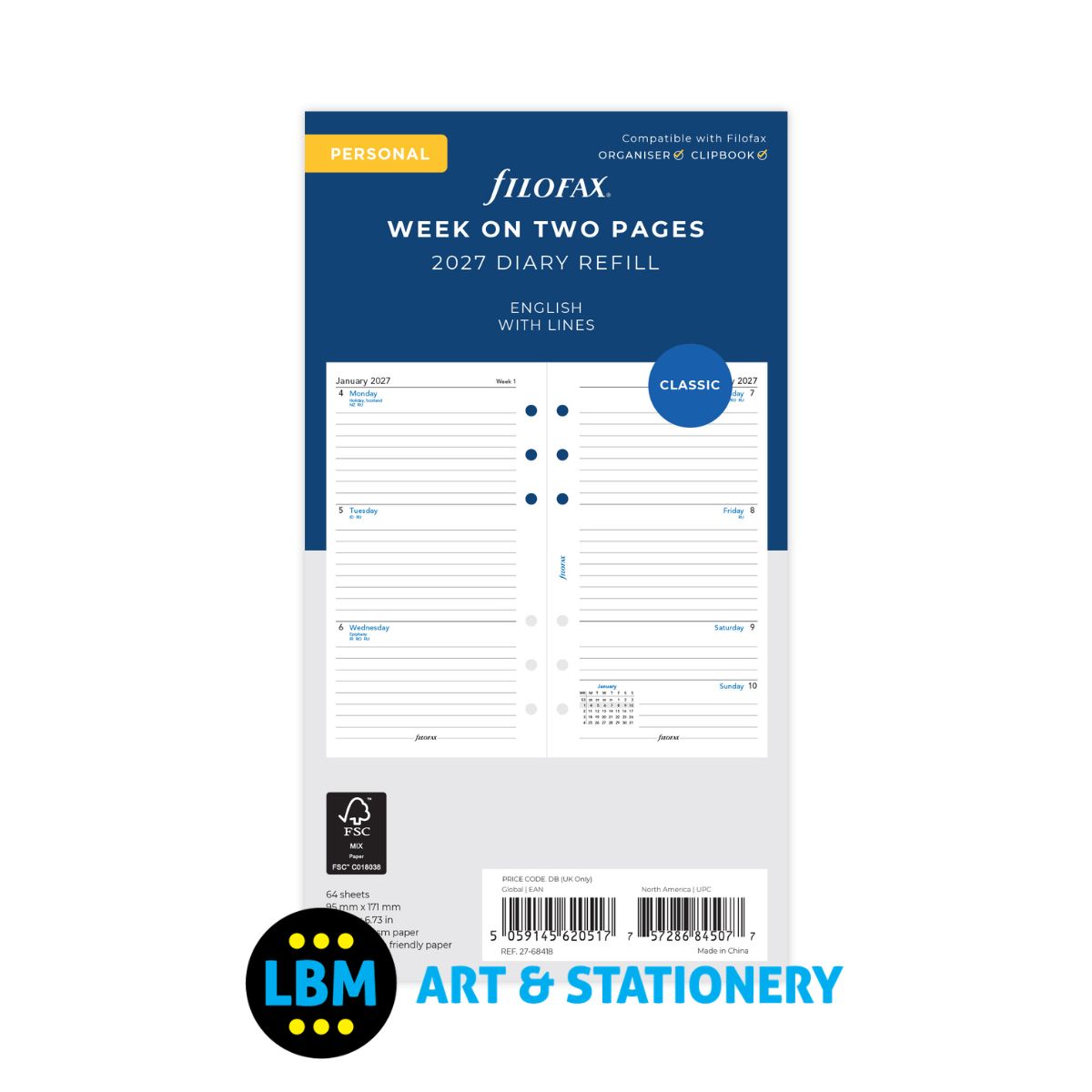 Filofax - 2027 Week On Two Pages with Lines Diary Refill - Personal Organiser - 27-68418