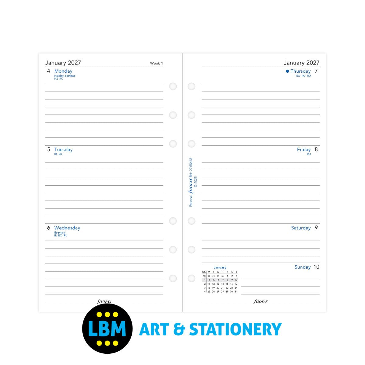 Filofax - 2027 Week On Two Pages with Lines Diary Refill - Personal Organiser - 27-68418