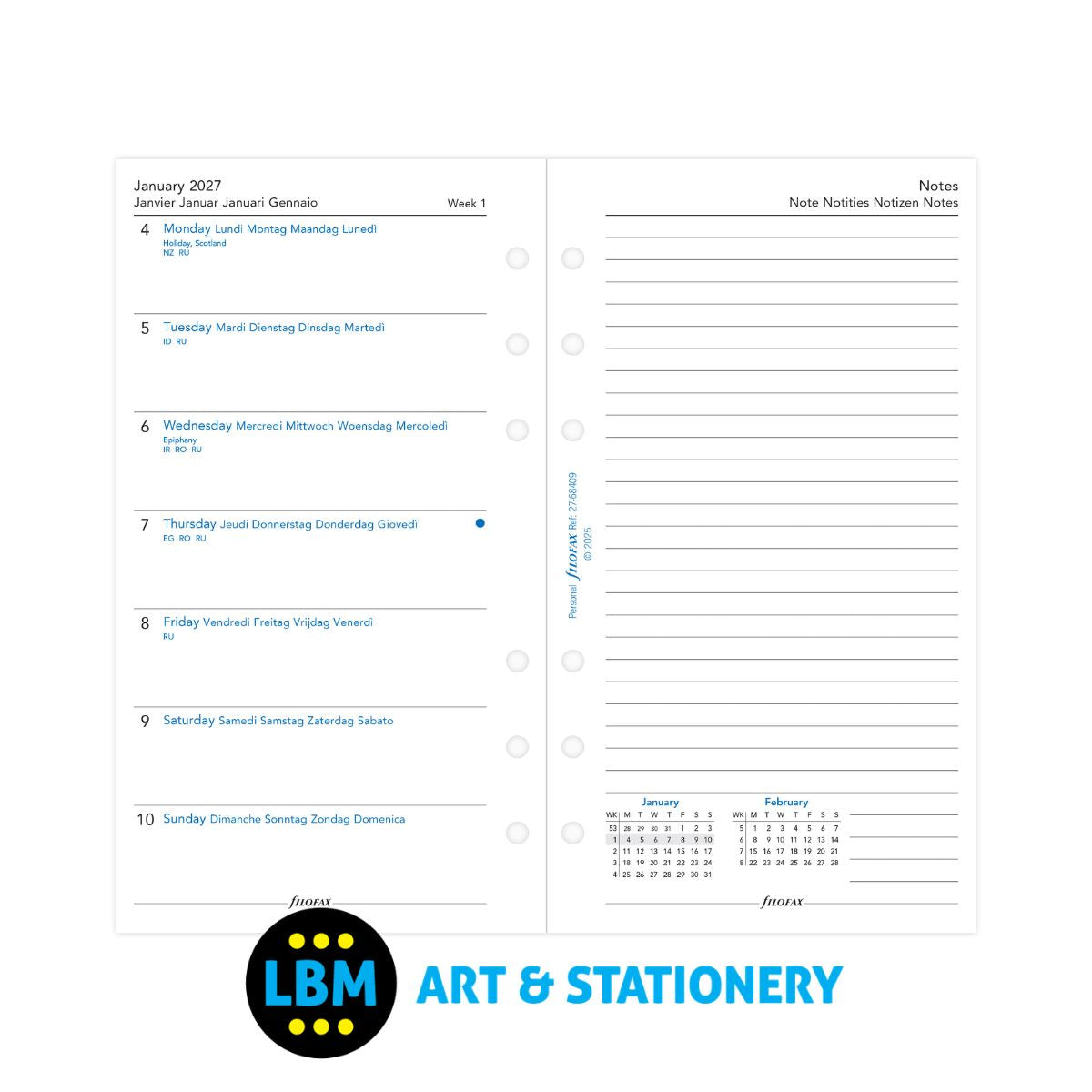 Filofax - 2027 Week On One Page with Lined Notes Diary Refill - Personal Organiser - 27-68409