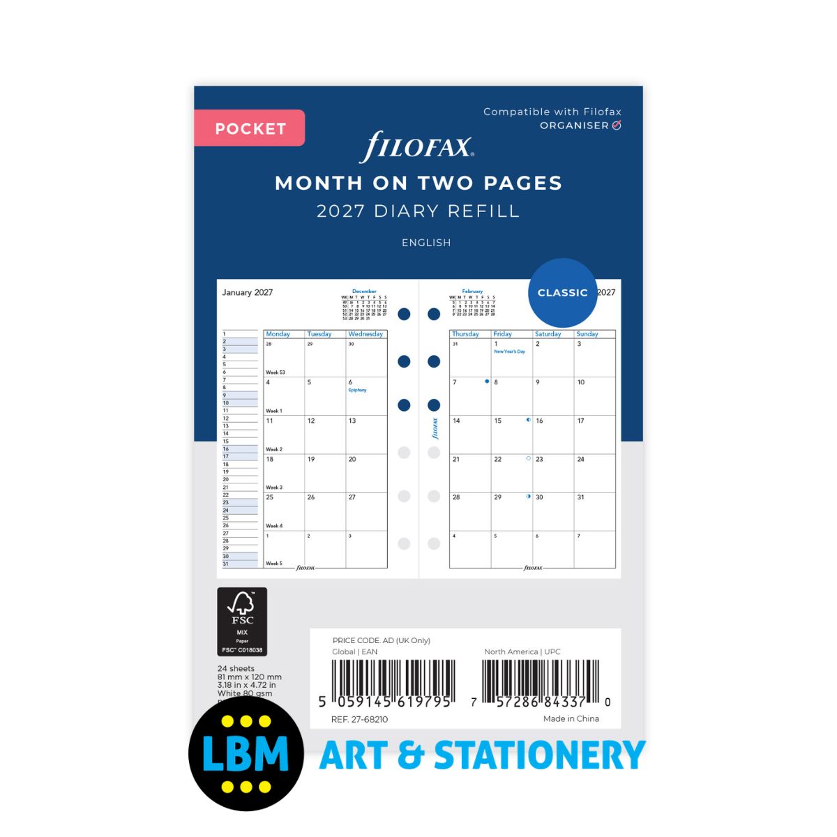 Filofax - 2027 Month On Two Pages Diary Refill - Pocket Organiser - 27-68210