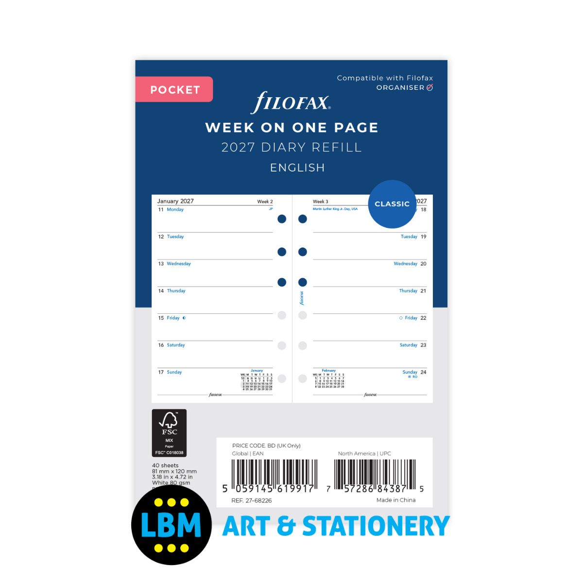 Filofax - 2027 Week On One Page Diary Refill - Pocket Organiser - 27-68226