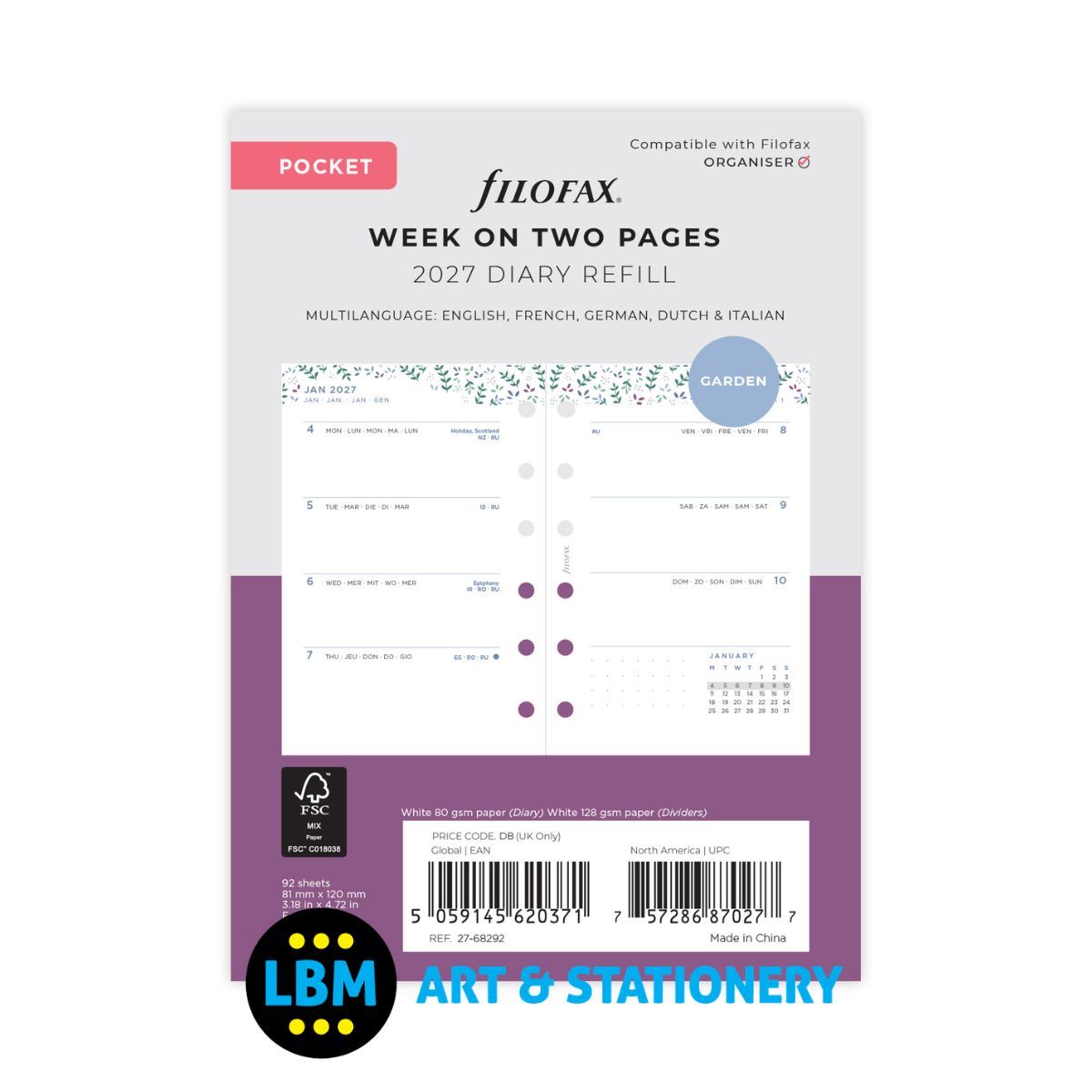 Filofax - 2027 Week On Two Pages Garden Design Diary Refill - Pocket Organiser - 27-68292