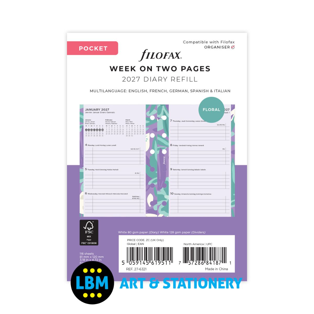 Filofax - 2027 Week On Two Pages Floral Diary Pack - Pocket Organiser - 27-6321