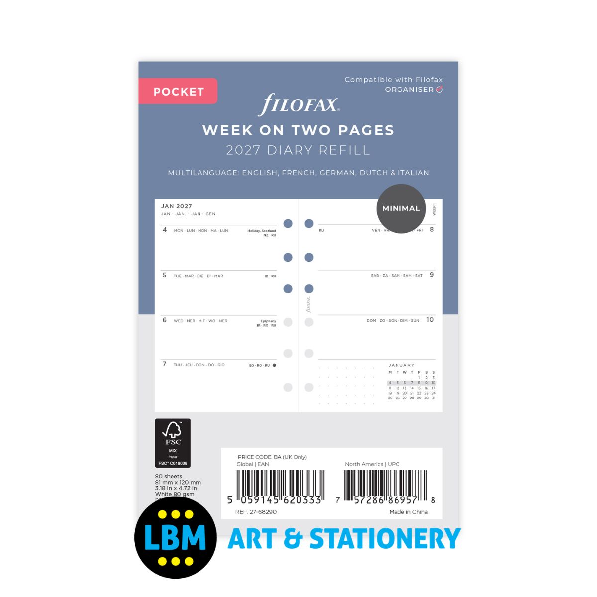 Filofax - 2027  Week On Two Pages Minimal Design Diary Refill - Pocket Organiser - 27-68290